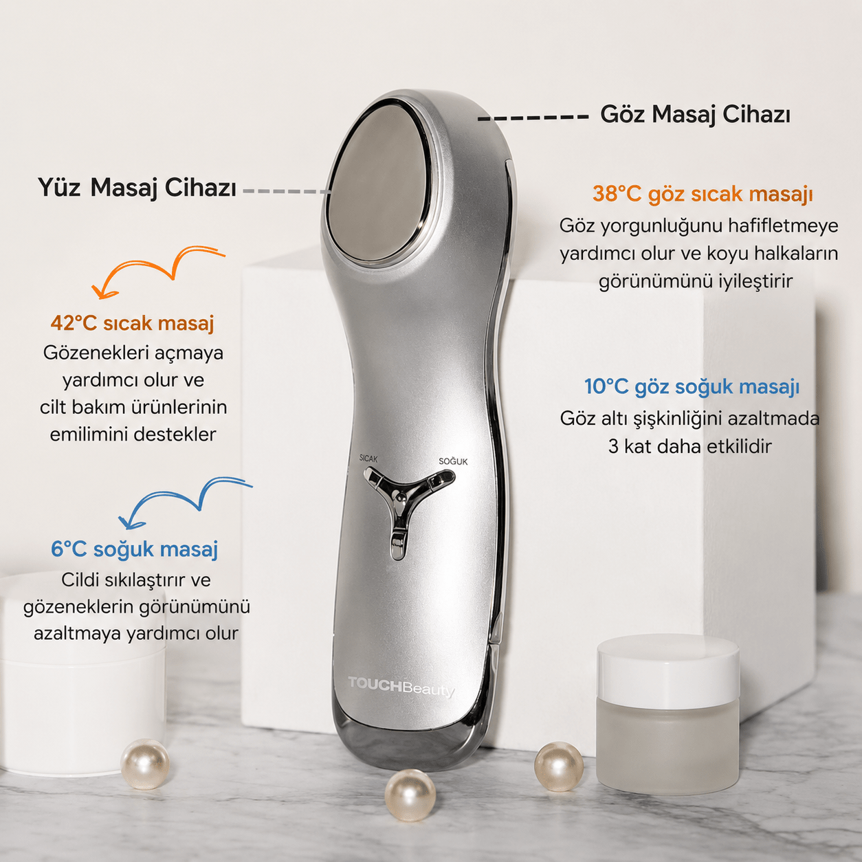 Akıllı Yüz ve Göz Masaj Cihazı Sıcak,Soğuk Terapi & Sonic Teknoloji ile Cilt Sıkılaştırma - TouchBeauty