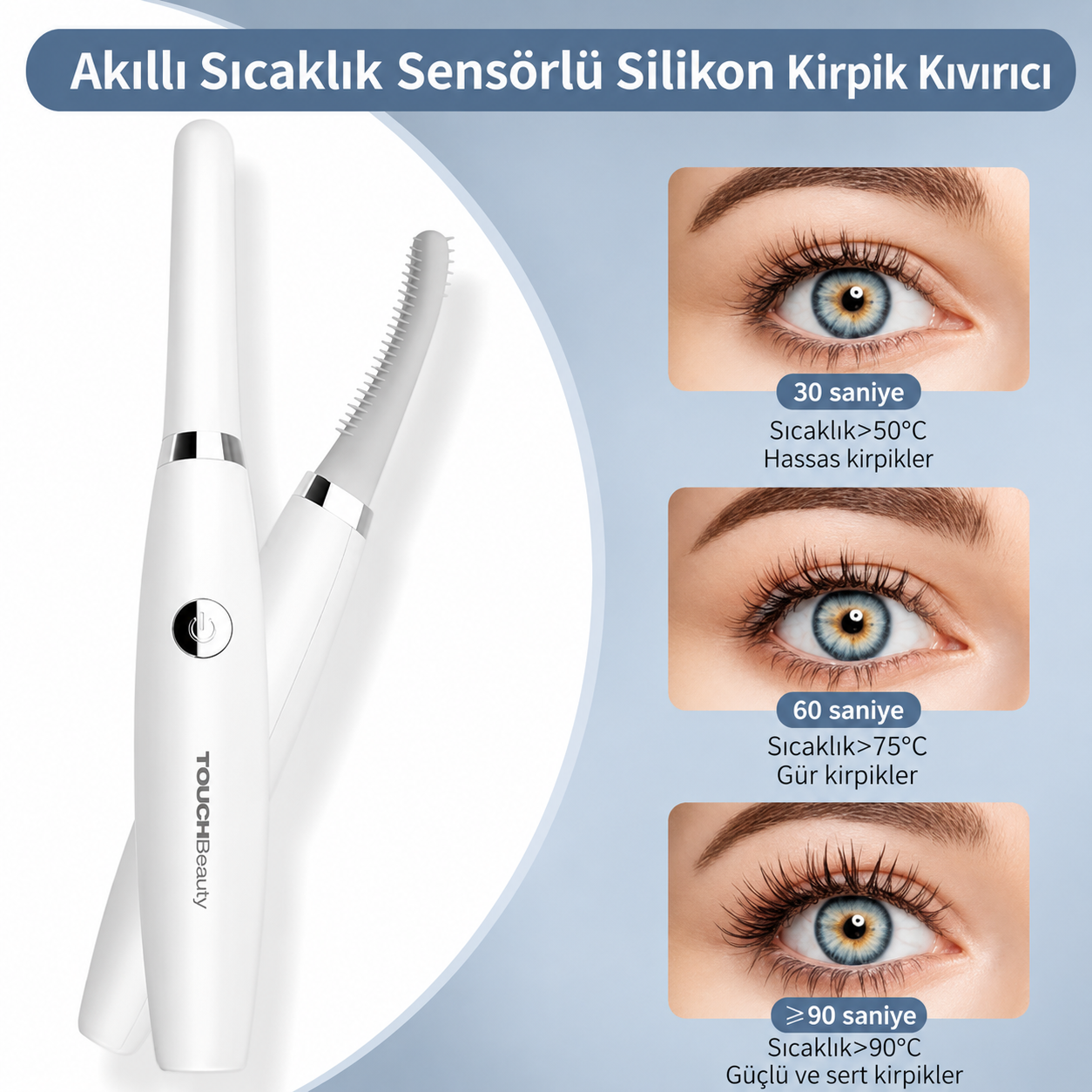 Akıllı Isı Sensörlü Silikon Kirpik Kıvırıcı  Elektrikli, Güvenli Isı Kontrolü, Doğal & Kalıcı Kıvrım Etkisi