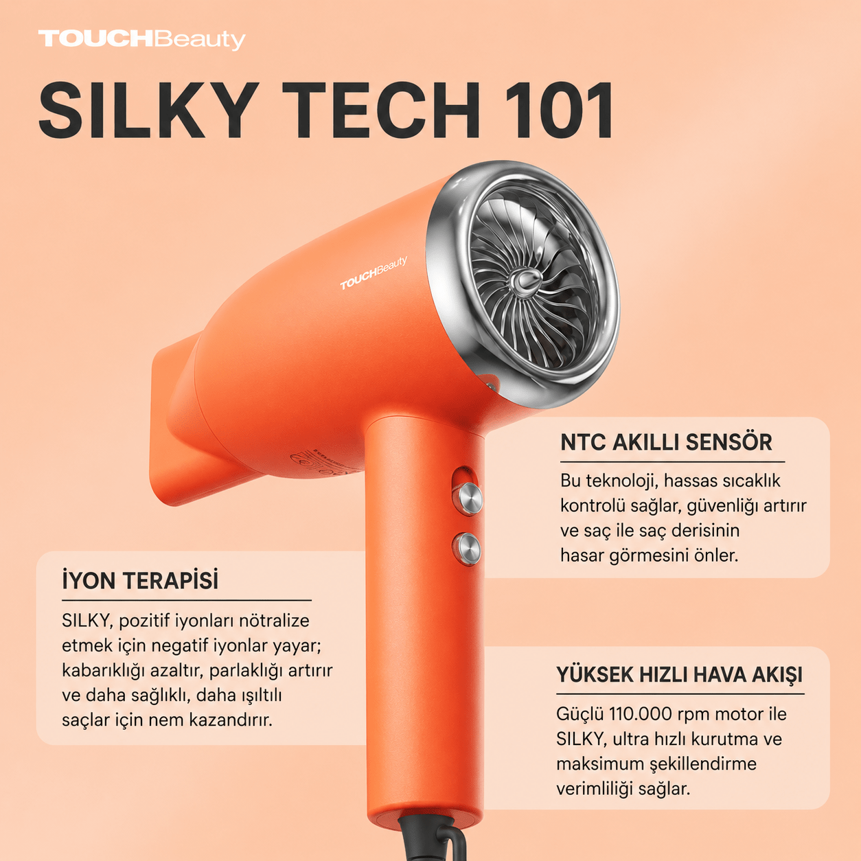 İyonik Saç Kurutma Makinesi 110000 RPM Hızlı Kurutma 4 Isı 2 Hız Ayarlı Profesyonel - TouchBeauty