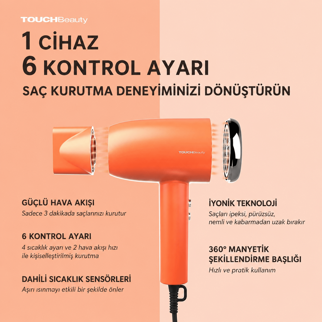 İyonik Saç Kurutma Makinesi 110000 RPM Hızlı Kurutma 4 Isı 2 Hız Ayarlı Profesyonel - TouchBeauty