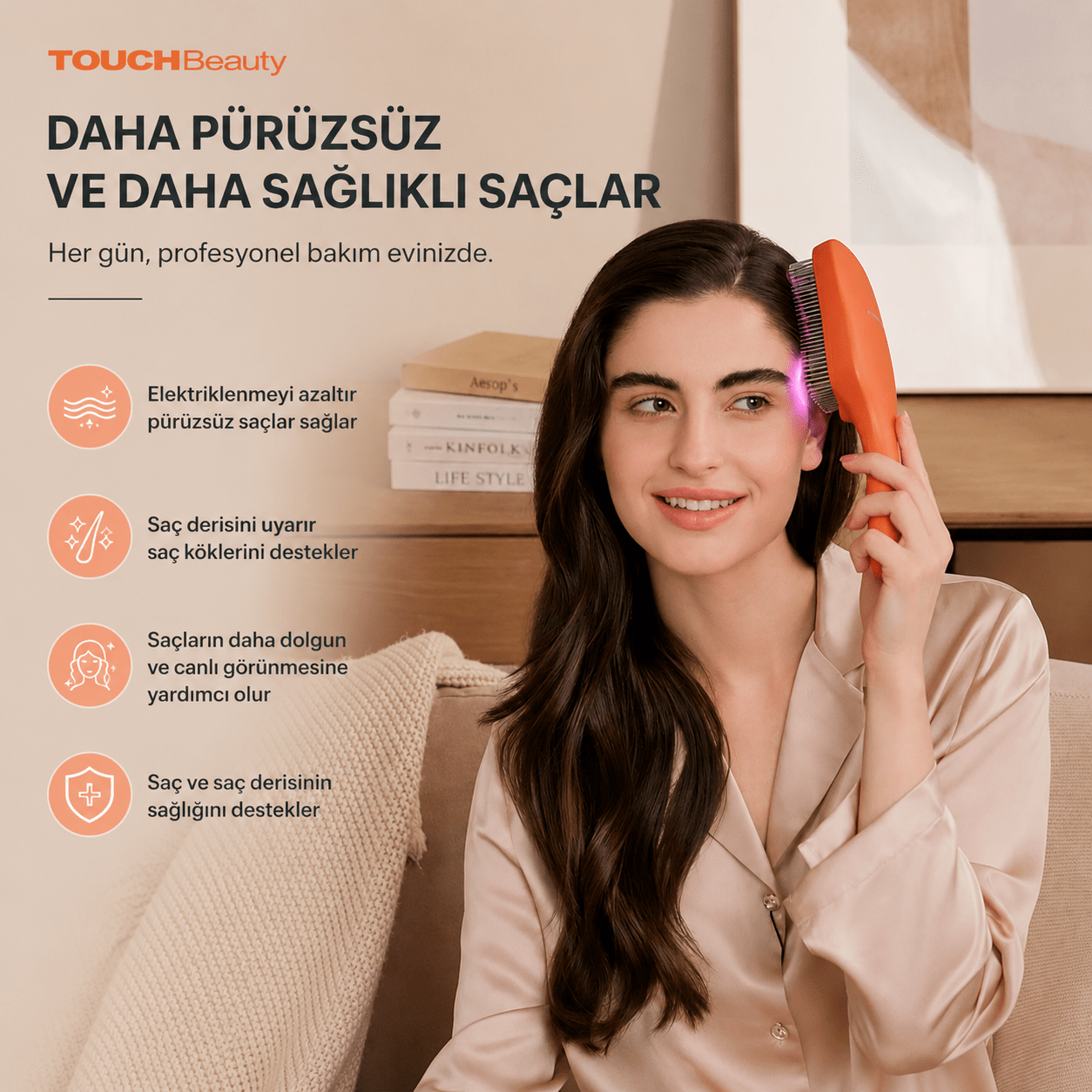 Lazer Işıklı Saç Bakım Tarağı Saç Dökülme Karşıtı & Saç Derisi Masaj Aleti - TouchBeauty